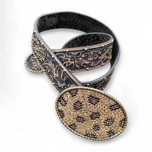 Tony Lama Tooled Leather Belt Women 32 Black Tan Leopard Crystal Buckle Bling